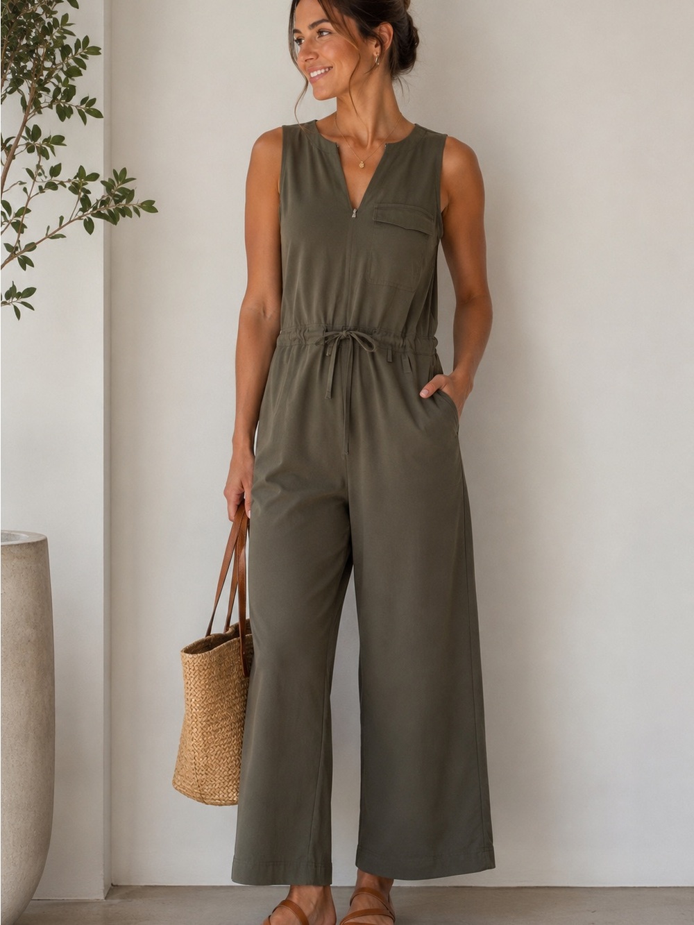 Athleta Sleeveless Olive Wide-Leg Jumpsuit with Drawstring Waist - Size M